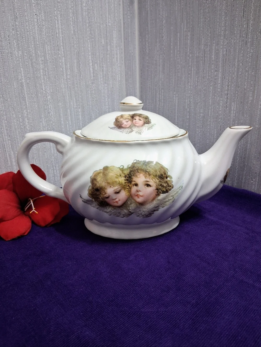 Vintage Staffordshire Cherub Angels English Teapot Fine China Gold Trim